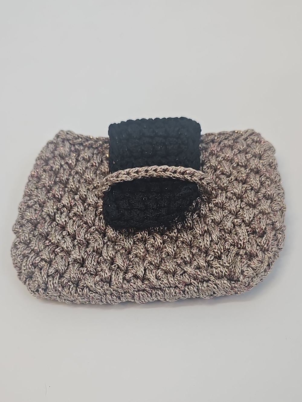Hand Knit Mini Clutch Purse Gold & Copper Metallic w Brown Flap